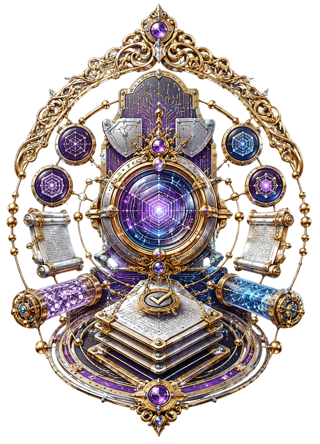 An abstract ornate verification artifact with a luminous code lens, proof ledgers, dependency orbits, and post-quantum lattice facets.