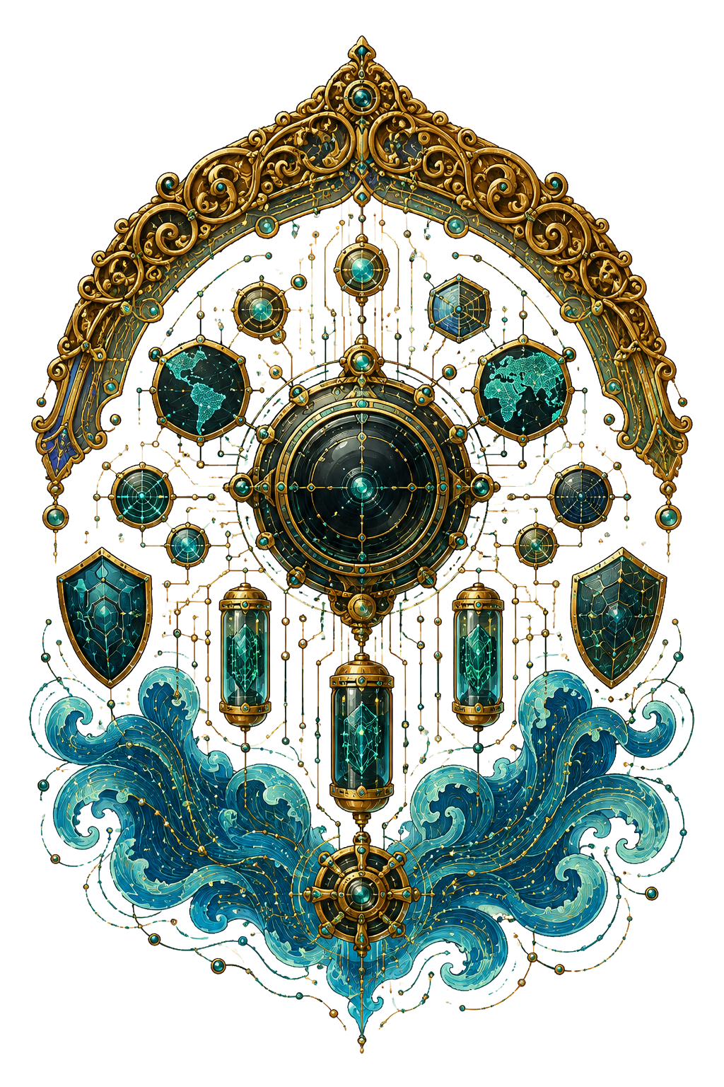 An abstract ornate observation artifact with a central sensor lens, asset maps, shields, evidence capsules, and flowing telemetry.