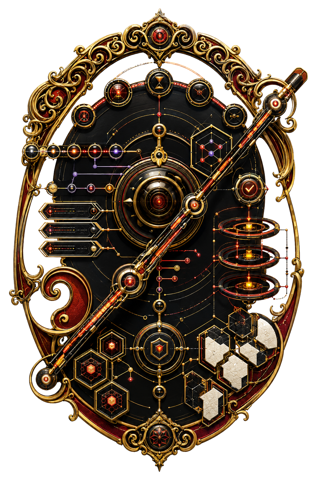 An abstract ornate authority engine with incident timelines, approval gates, rollback rings, response channels, and a command core.