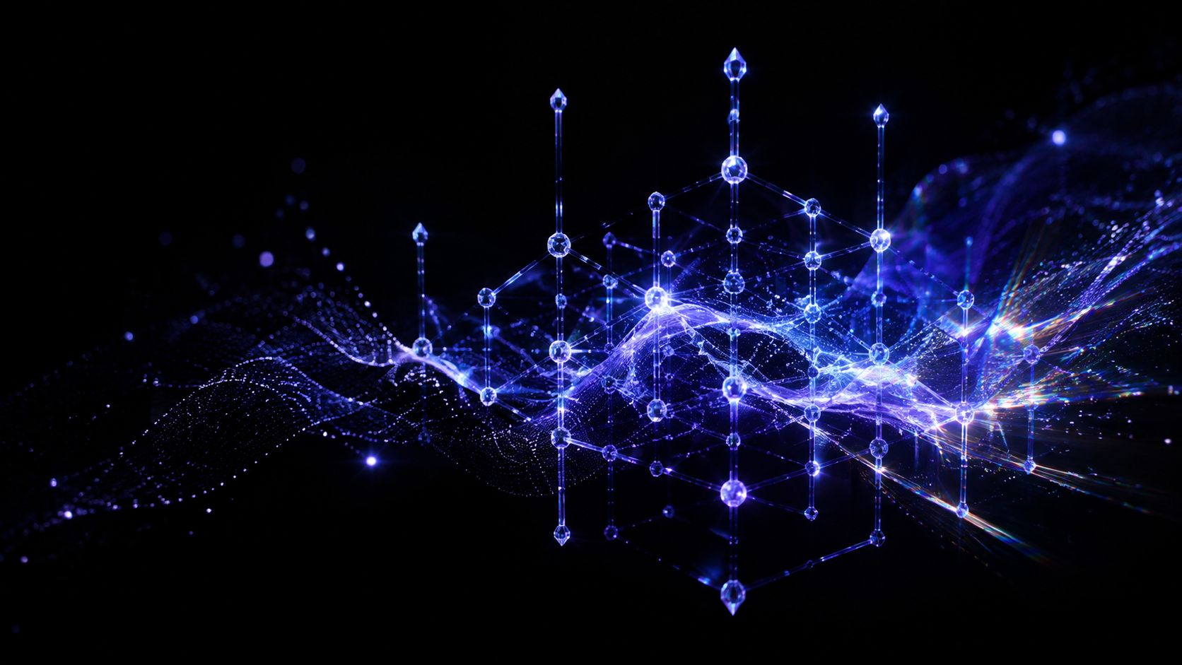 Abstract violet, cobalt, and silver-white quantum lattice on a Vantablack field.
